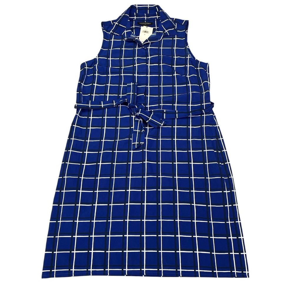 Banana Republic Women Sz 2 Shirt Dress Blue Plaid Windowpane Belted MSRP: $79